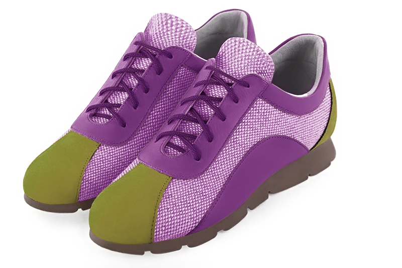 Pistachio green, hot pink and mauve purple women's open back shoes. Round toe. Flat rubber soles. Front view - Florence KOOIJMAN